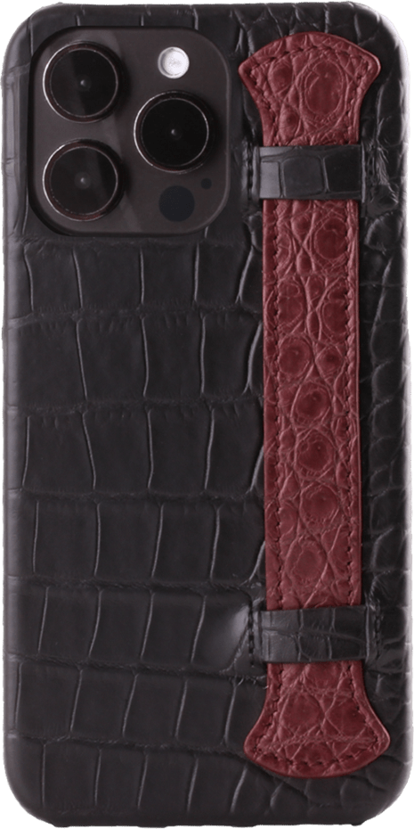 Iphone 15 Pro Max Case   Alligator Leather   Handle Case   Full Color Burgundy   Black Metalware   Versailles   Front