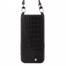 Iphone 15 Case   Sustainable Alligator Leather   Sling   Black   No Metalware   Versailles   Front 1