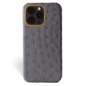 Iphone 15 Pro Case   Ostrich Leather   Premium   Grey   Gold Metalware   Versailles   Front