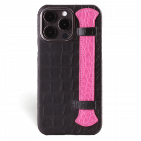Iphone 15 Pro Case   Alligator Leather   Handle Case   Fuchsia   Black Metalware   Versailles   Front