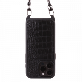 Iphone 15 Pro Max   Case   Sustainable Alligator Leather   Sling   Black   No Metalware   Versailles   Front